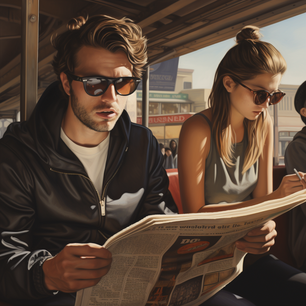 a man and a woman sitting on a bus reading a newspaper about new updates in AI