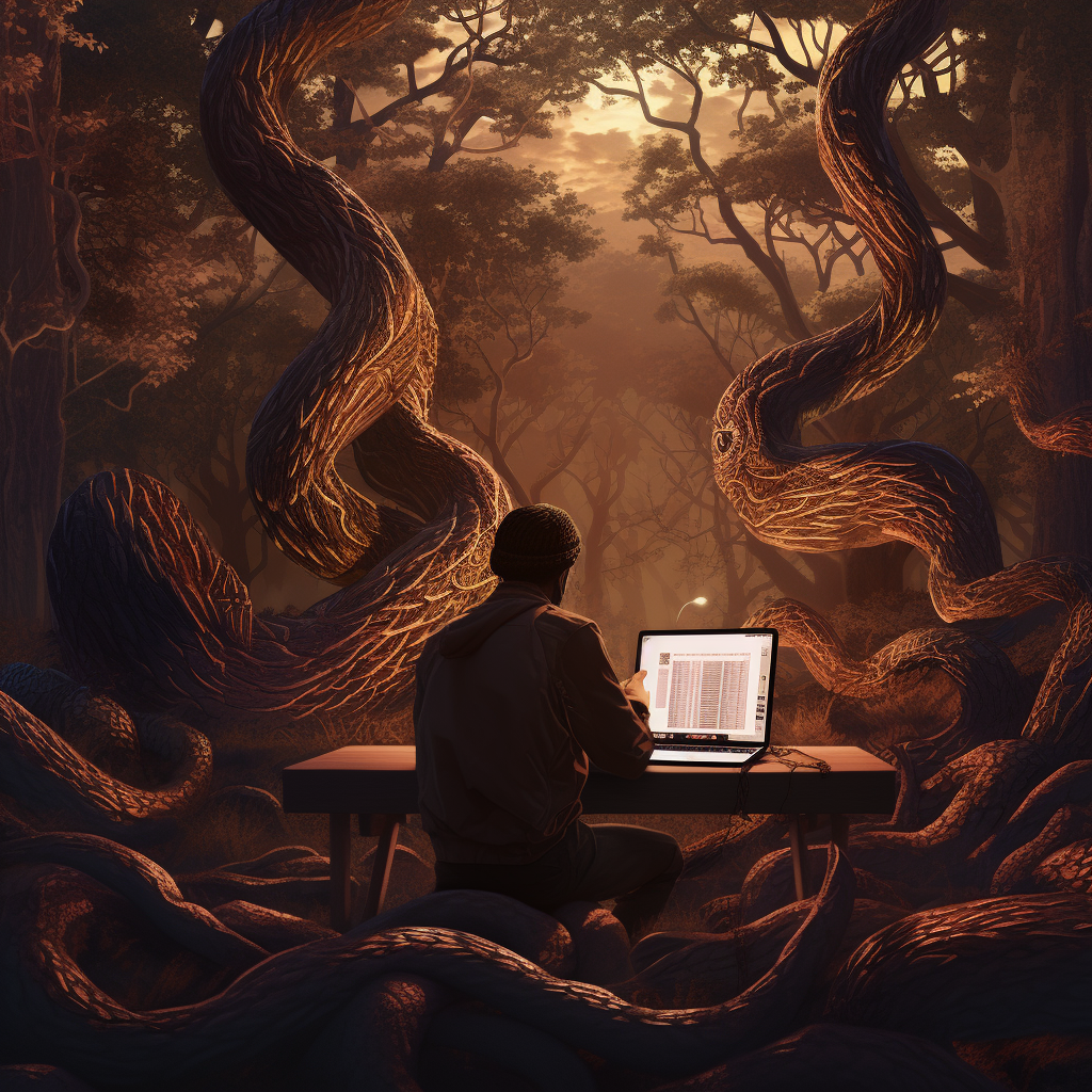 Python trees, guy doing some data analysis at a desk in the middle of the jungle, TheCodersCatnip